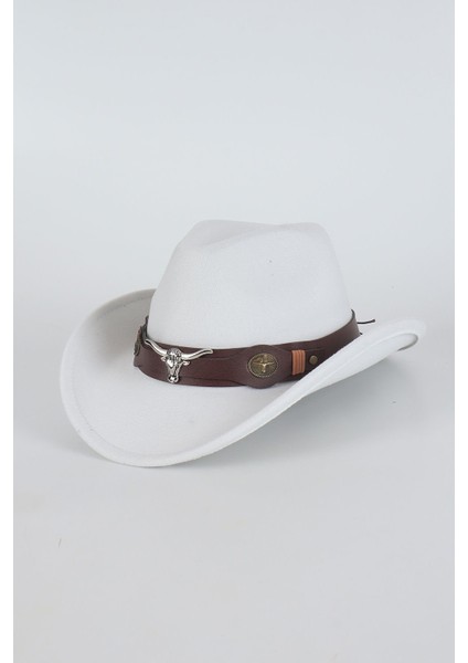 Kovboy Deri Detaylı Fötr Şapka - Beyaz
