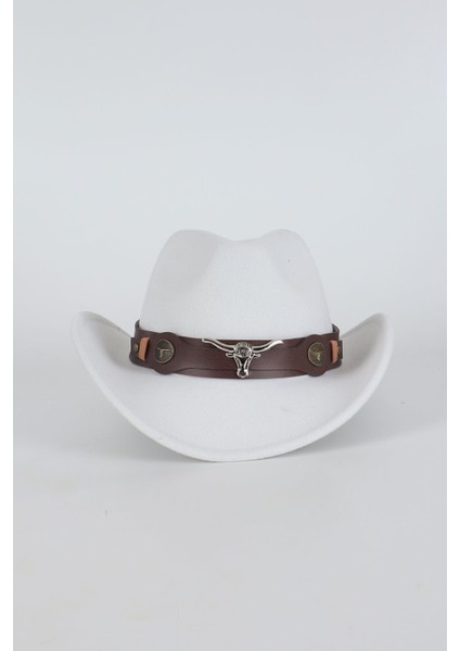 Kovboy Deri Detaylı Fötr Şapka - Beyaz modelleri
