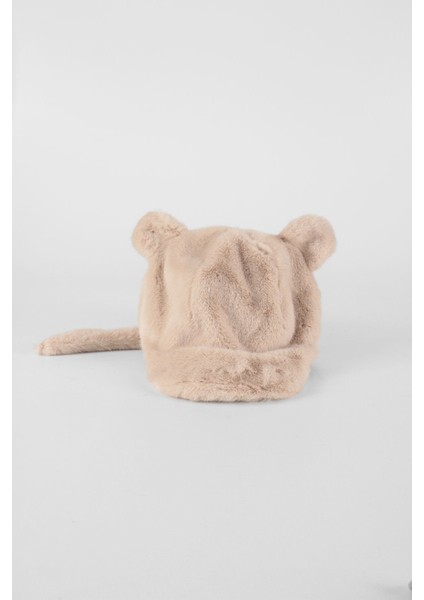 Peluş Kürk Kulaklı Kuyruklu Şapka - Bej