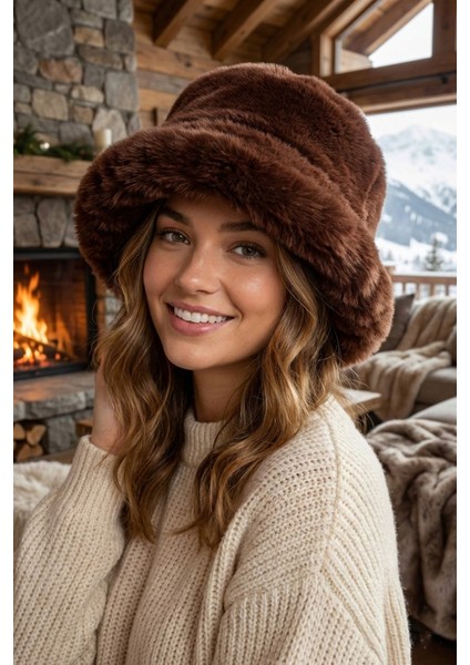 Ekstra Kabarık Peluş Yuvarlak Kalpak Şapka - Taba