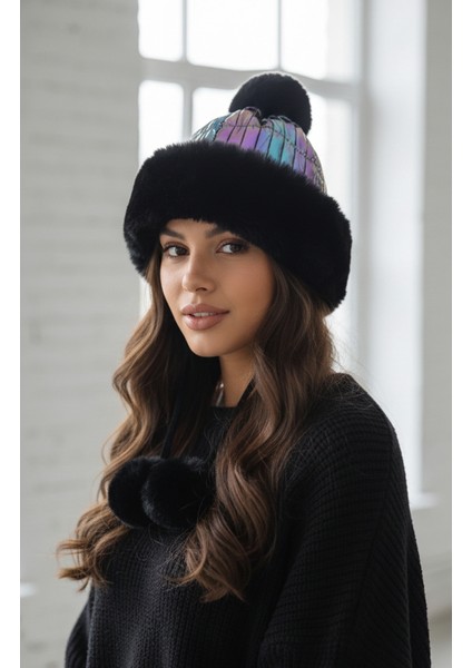 Gökkuşağı Parlak Renkli Kürklü Ponponlu Şapka