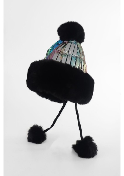 Gökkuşağı Parlak Renkli Kürklü Ponponlu Şapka modelleri