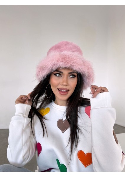 Kürk Yuvarlak Kalpak Şapka Peluş Bucket Şapka - Pembe