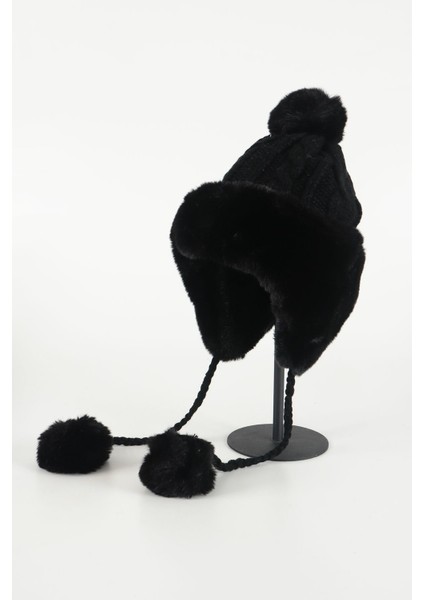 Peluş Kürk Detaylı Şapka - Siyah