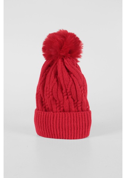 Ponponlu Örgü Bere Içi Polarlı - Kırmızı