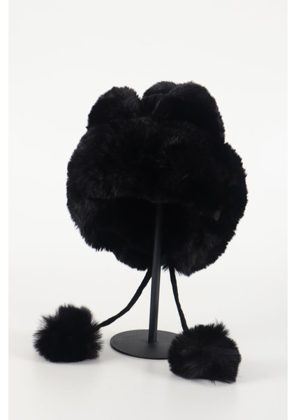 Peluş Kürk Kulaklı Şapka - Siyah