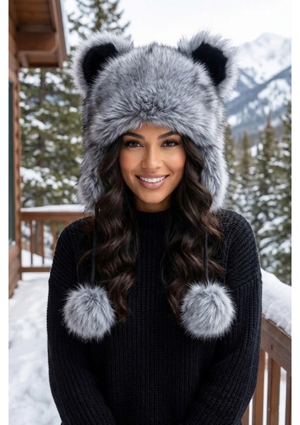 Kürk Kulaklı Ponponlu Ekstra Kabarık Peluş Şapka