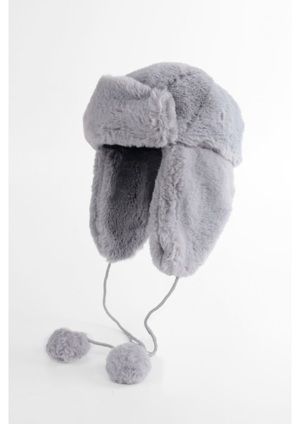 Suni Kürk Gri Peluş Şapka - Kulaklı Pliot Şapka