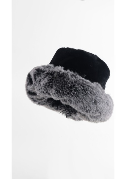 Siyah Füme Kürk Yuvarlak Kalpak Şapka Peluş Bucket Şapka