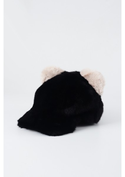 Kulaklı Panda Kürk Şapka - Krem Siyah