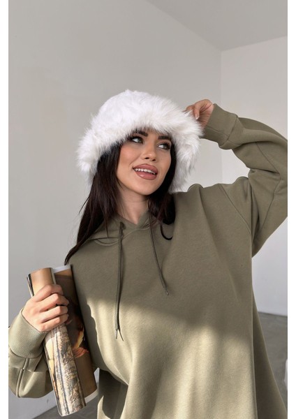 Beyaz Kürk Yuvarlak Kalpak Şapka Peluş Bucket Şapka - Beyaz fiyatları