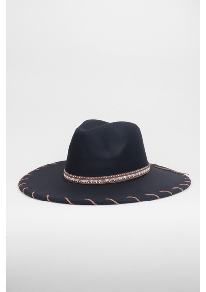 Kristal Taşlı Şerit Detaylı Fötr Panama Şapka - Siyah