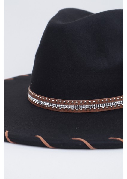 Kristal Taşlı Şerit Detaylı Fötr Panama Şapka - Siyah fiyatları