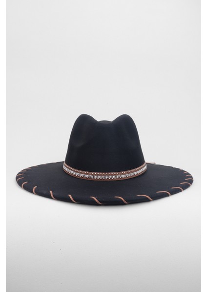 Kristal Taşlı Şerit Detaylı Fötr Panama Şapka - Siyah modelleri