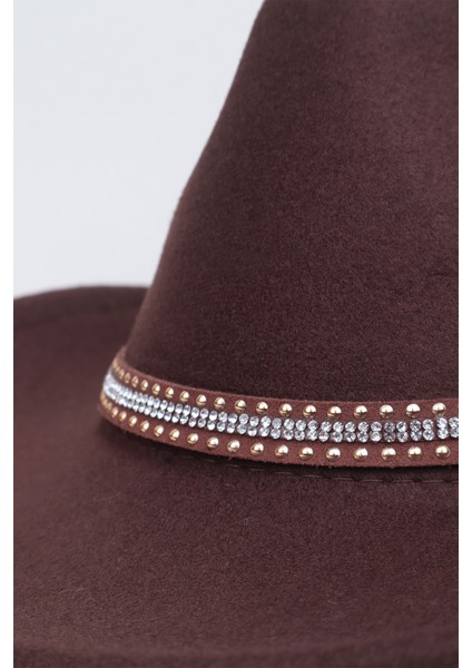 Kovboy Kristal Taşlı Şerit Detaylı Fötr Şapka - Kahverengi fiyatları