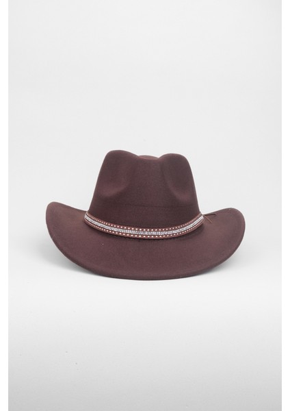 Kovboy Kristal Taşlı Şerit Detaylı Fötr Şapka - Kahverengi modelleri