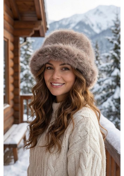 Kahve Yuvarlak Kürk Şapka Peluş Bucket Ekstra Kabarık Slavic Şapka