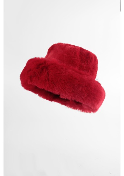 Kırmızı Kürk Yuvarlak Kalpak Şapka Peluş Bucket Şapka