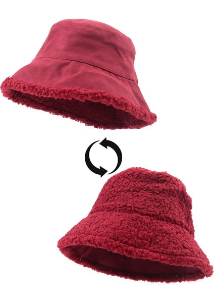 Içi Peluş Süet Kumaş Bucket Şapka Çift Taraflı - Bordo