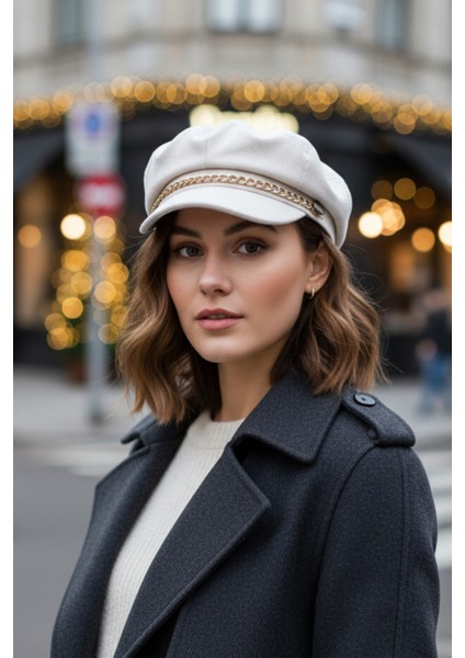 Zincir Detaylı Kaşe Kadın Balon Kasket Şapka - Ekru