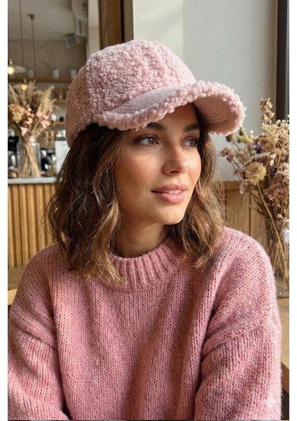 Süet Detaylı Kep Peluş Şapka - Pembe