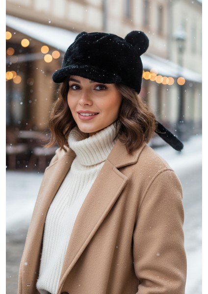 Peluş Kürk Kulaklı Kuyruklu Şapka - Siyah