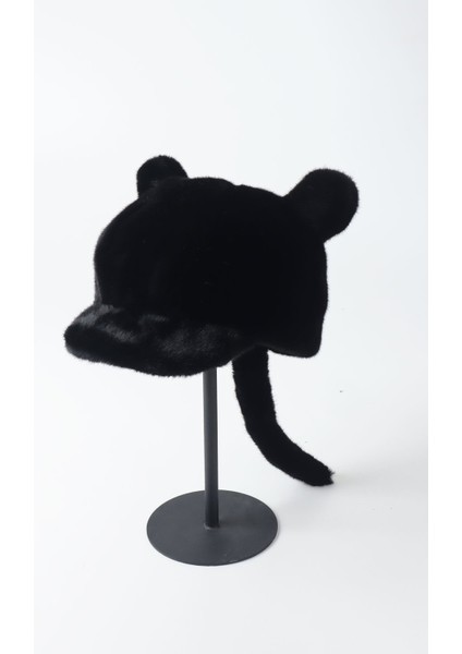 Peluş Kürk Kulaklı Kuyruklu Şapka - Siyah modelleri