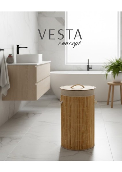 Doğal Bambu Yuvarlak Katlanabilir Kirli Çamaşır Sepeti - 50 Litre, Geniş Hacimli - Şık Tasarım