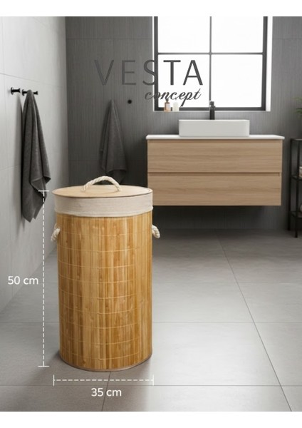 Doğal Bambu Yuvarlak Katlanabilir Kirli Çamaşır Sepeti - 50 Litre, Geniş Hacimli - Şık Tasarım fiyatları