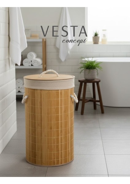 Doğal Bambu Yuvarlak Katlanabilir Kirli Çamaşır Sepeti - 50 Litre, Geniş Hacimli - Şık Tasarım modelleri