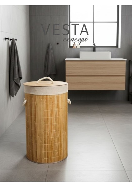 Doğal Bambu Yuvarlak Katlanabilir Kirli Çamaşır Sepeti - 50 Litre, Geniş Hacimli - Şık Tasarım fırsatları