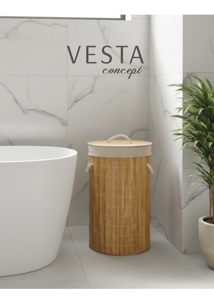 Doğal Bambu Yuvarlak Katlanabilir Kirli Çamaşır Sepeti - 50 Litre, Geniş Hacimli - Şık Tasarım indirimleri