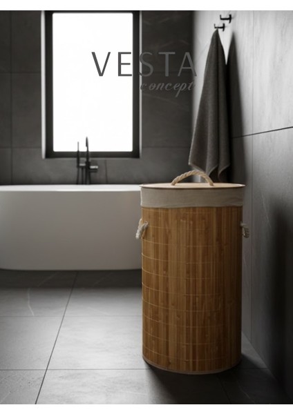 Doğal Bambu Yuvarlak Katlanabilir Kirli Çamaşır Sepeti - 50 Litre, Geniş Hacimli - Şık Tasarım