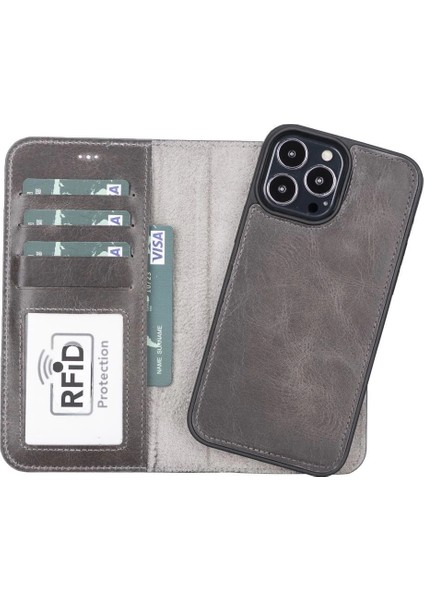 Apple iPhone 13 Pro Max Uyumlu Deri Cüzdanlı Kılıf Mwwn Tn1 Gri