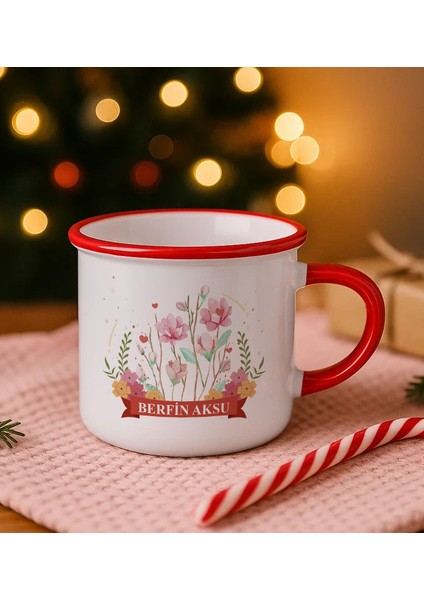 Kişiye Özel Çiçek Tasarımlı Kırmızı Emaye Kupa Bardak -16, Arkadaşa Hediye, Sevgiliye Hediye