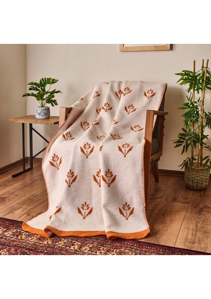Soft Elias Pamuklu Tv Battaniyesi - Ekru / Turuncu - 130X170 cm