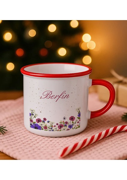 Kişiye Özel Çiçek Tasarımlı Kırmızı Emaye Kupa Bardak -10, Arkadaşa Hediye, Sevgiliye Hediye