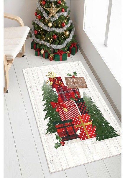 Yılbaşı Hediye Temalı Dijital Baskılı Kaymaz Taban Yıkanabilir Halı