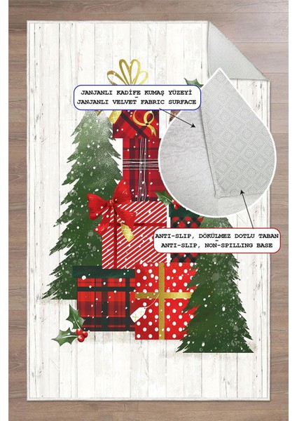 Yılbaşı Hediye Temalı Dijital Baskılı Kaymaz Taban Yıkanabilir Halı fırsatları