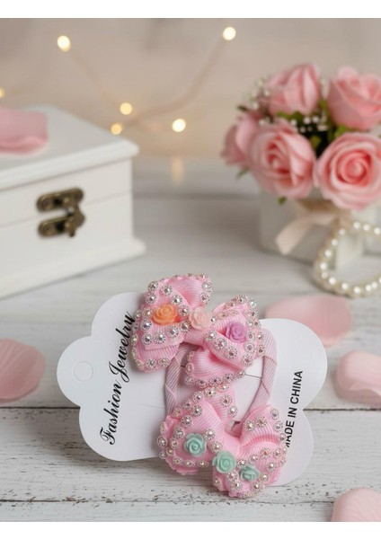 Parıltılı Kurdela ve Pastel Gül Detaylı Çıtçıtlı Saç Tokası Çift