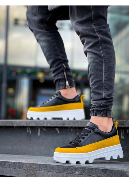KB-056 Kuback Siyah Sarı Detaylı Beyaz Yüksek Taban Günlük Spor Ayakkabı modelleri