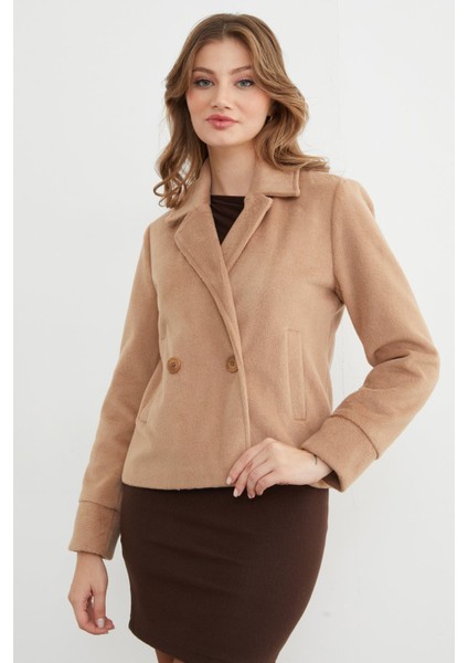 Cepli Kruvaze Yaka Yumuşak Dokulu Kaşe Mont