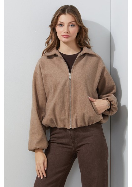 Fermuarlı Cepli Polo Yaka Kaşe Bomber Mont