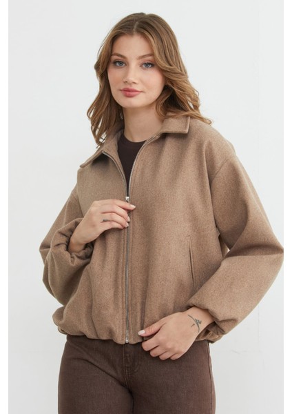 Fermuarlı Cepli Polo Yaka Kaşe Bomber Mont