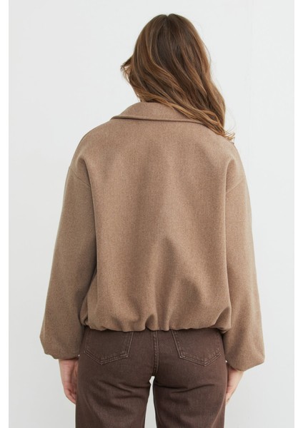 Fermuarlı Cepli Polo Yaka Kaşe Bomber Mont