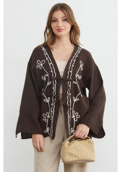 Nakışlı Önü Bağcıklı Keten Görünümlü Kimono