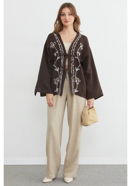 Nakışlı Önü Bağcıklı Keten Görünümlü Kimono fiyatları