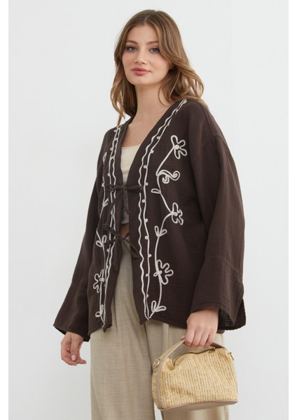 Nakışlı Önü Bağcıklı Keten Görünümlü Kimono modelleri