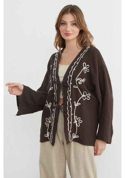 Nakışlı Önü Bağcıklı Keten Görünümlü Kimono indirimleri