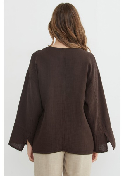 Nakışlı Önü Bağcıklı Keten Görünümlü Kimono